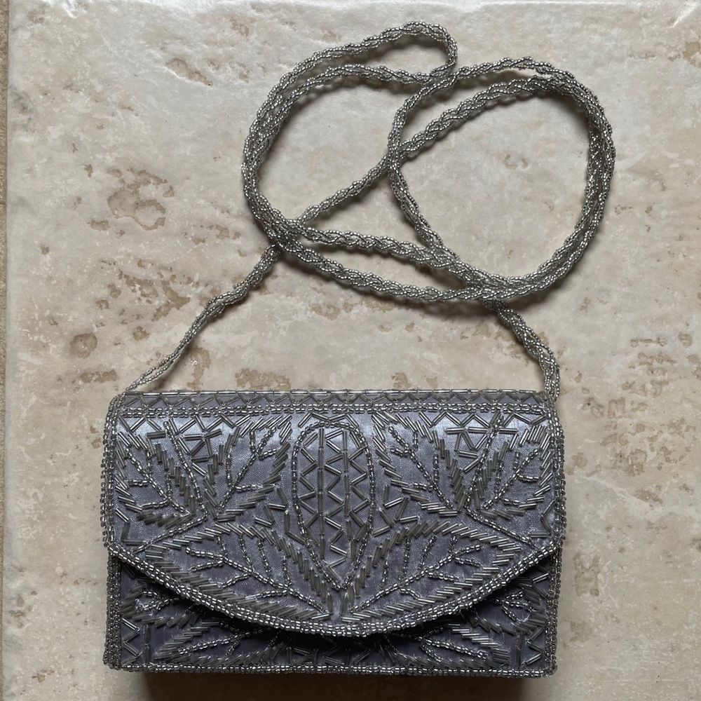 Silver beaded leaf + zigzag clutch/shoulder purse